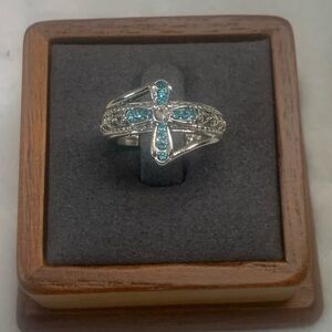 Blue Rhinestones Lady Cross Crucifix Silver Plated Ring